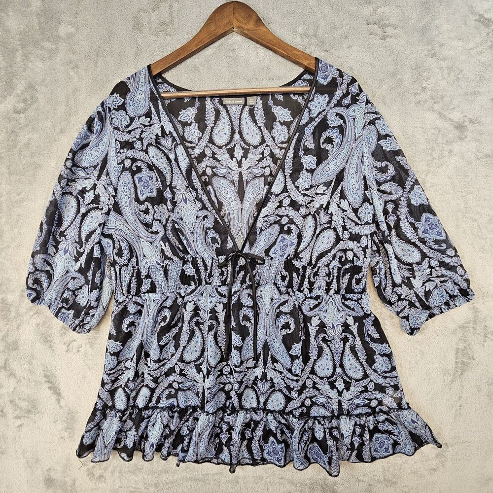 Apt.‎ 9 Women Blouse 1X Black Blue Paisley Sheer Pop Over Ruffled Lightweight